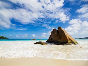 Preview wallpaper rock, sea, beach, summer, tropics