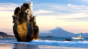 Preview wallpaper rock, sea, castle, ship, wave