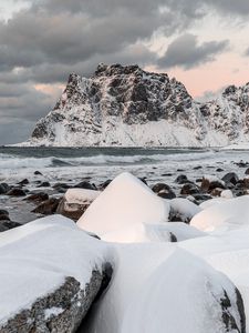 Preview wallpaper rock, sea, coast, snow, waves