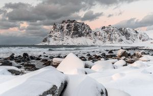 Preview wallpaper rock, sea, coast, snow, waves