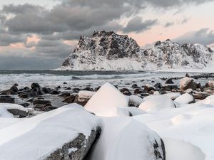 Preview wallpaper rock, sea, coast, snow, waves