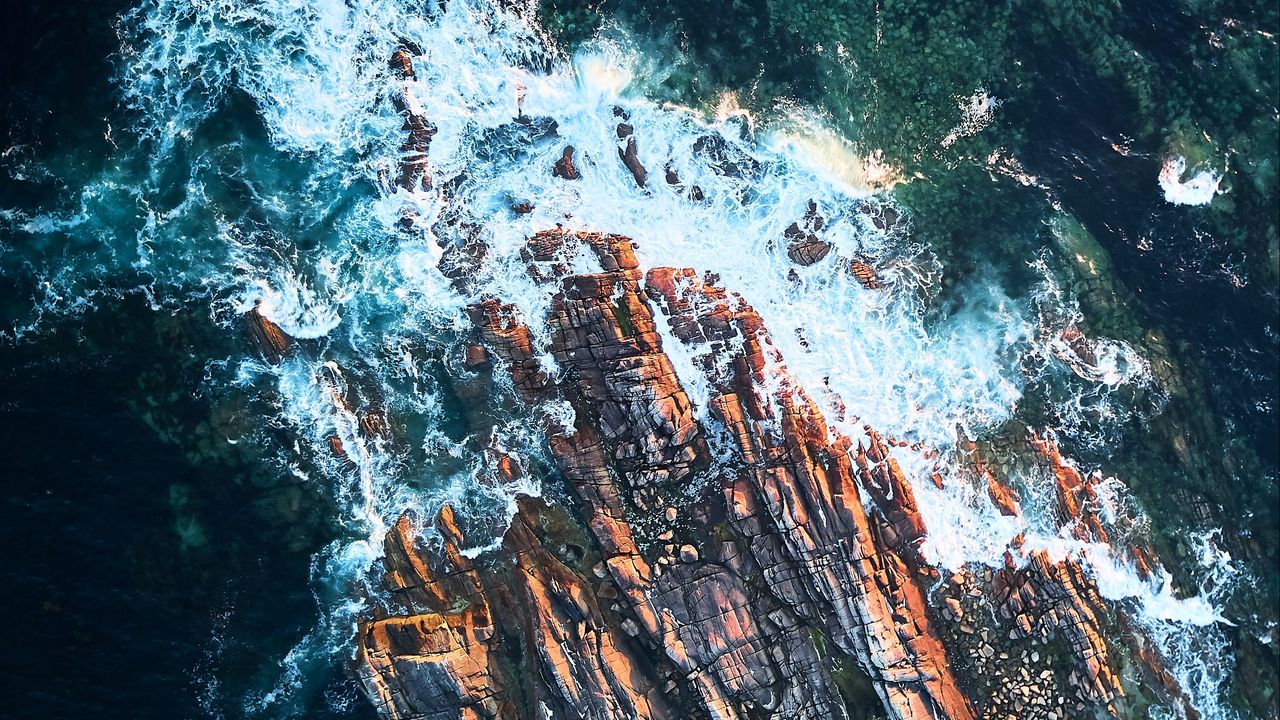 Wallpaper rock, sea, foam, aerial view