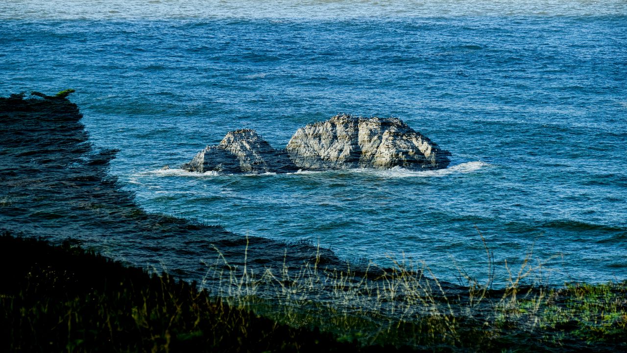 Wallpaper rock, sea, landscape, nature, grass