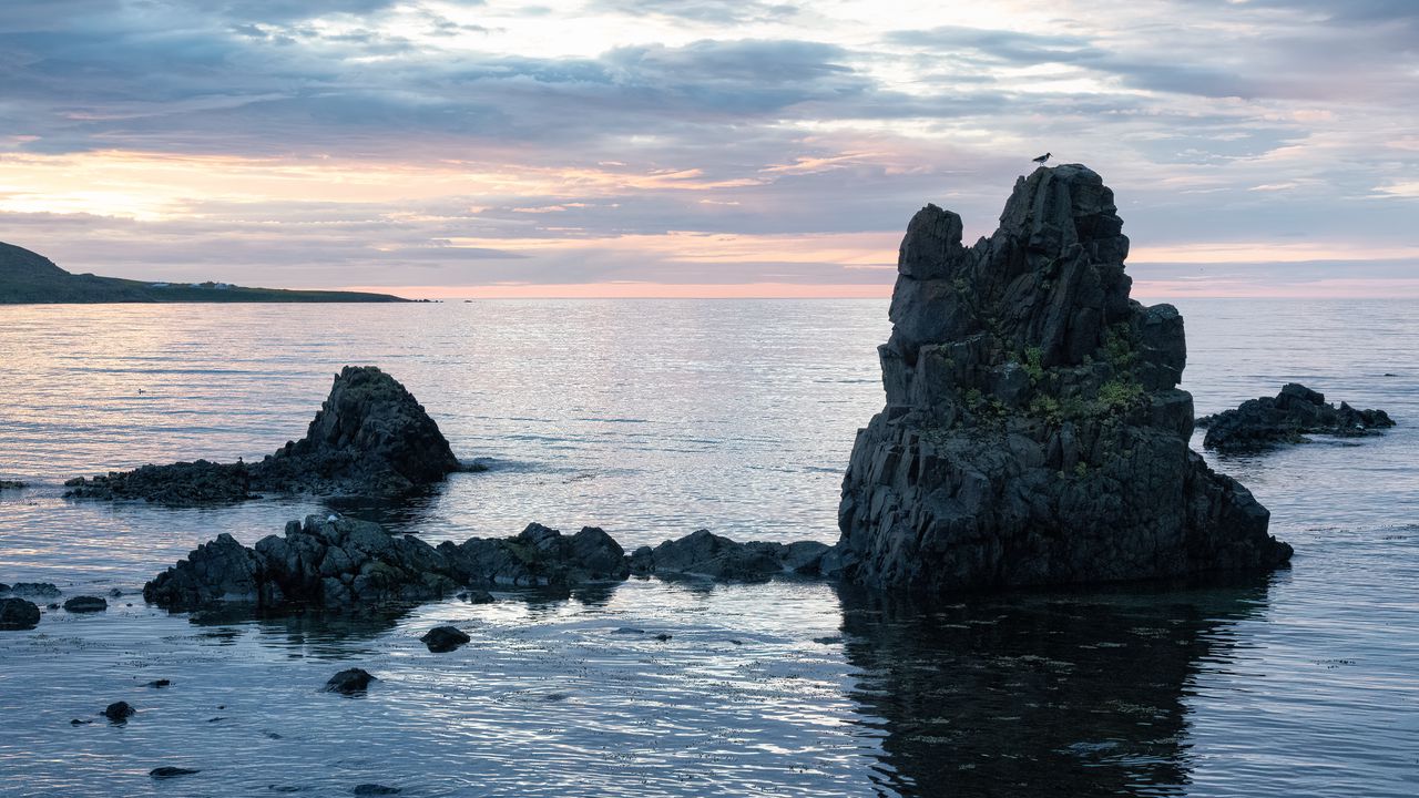 Wallpaper rock, sea, silhouette, nature, evening