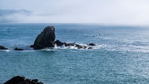 Preview wallpaper rock, sea, splashes, horizon