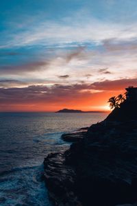 Preview wallpaper rock, sea, sunset, night, sky, palm