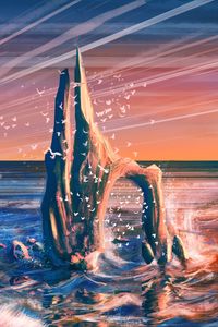 Preview wallpaper rock, sea, waves, birds, art