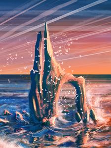 Preview wallpaper rock, sea, waves, birds, art