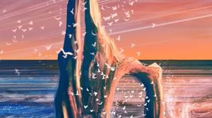 Preview wallpaper rock, sea, waves, birds, art