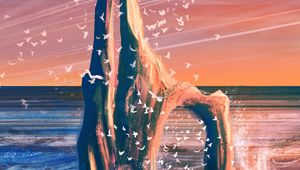 Preview wallpaper rock, sea, waves, birds, art