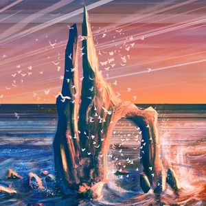 Preview wallpaper rock, sea, waves, birds, art