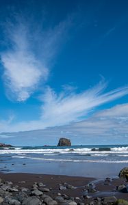 Preview wallpaper rock, sea, waves, foam, shore, pebbles, landscape