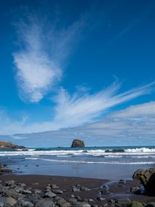 Preview wallpaper rock, sea, waves, foam, shore, pebbles, landscape