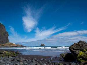 Preview wallpaper rock, sea, waves, foam, shore, pebbles, landscape