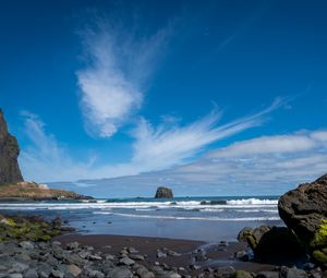 Preview wallpaper rock, sea, waves, foam, shore, pebbles, landscape