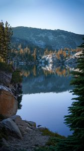 Preview wallpaper rock, slope, lake, stones, trees