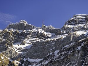 Preview wallpaper rock, snow, relief, tower, sky