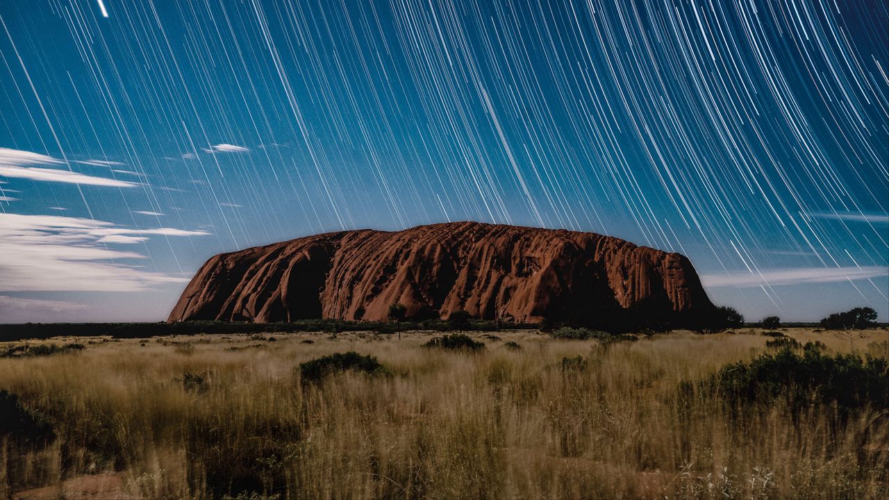 Wallpaper rock, stars, lines, long exposure, landscape