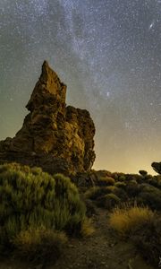 Preview wallpaper rock, stars, sky, night, landscape, nature