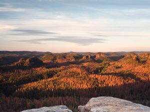 Preview wallpaper rock, stone, forest, relief, horizon