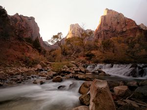 Preview wallpaper rock, stones, waterfall, stream, trees