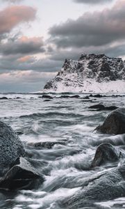 Preview wallpaper rock, stones, waves, snow, shore