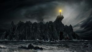 Preview wallpaper rock, storm, ship, darkness, fantasy, art