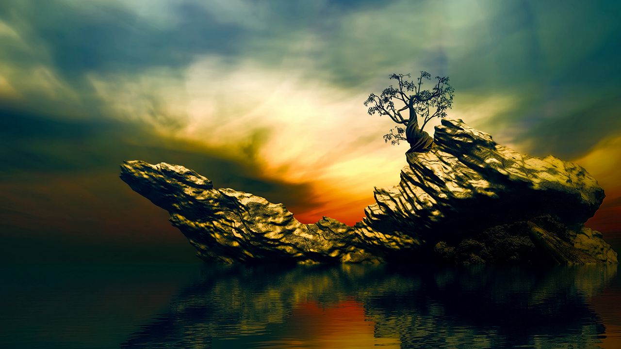 Wallpaper rock, tree, art, water, reflection