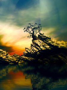 Preview wallpaper rock, tree, art, water, reflection