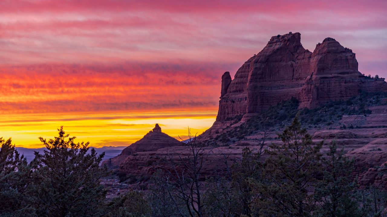 Wallpaper rock, trees, branches, sunset, nature