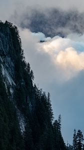 Preview wallpaper rock, trees, clouds, mountain, peak