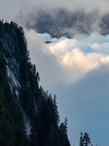 Preview wallpaper rock, trees, clouds, mountain, peak