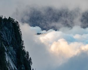 Preview wallpaper rock, trees, clouds, mountain, peak