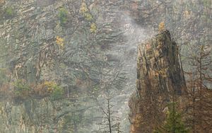 Preview wallpaper rock, trees, fog, nature