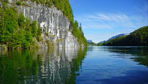 Preview wallpaper rock, trees, lake, reflection, landscape