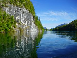 Preview wallpaper rock, trees, lake, reflection, landscape