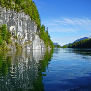 Preview wallpaper rock, trees, lake, reflection, landscape