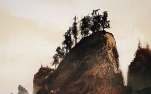 Preview wallpaper rock, trees, paint, canvas, art