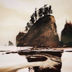 Preview wallpaper rock, trees, paint, canvas, art