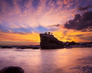 Preview wallpaper rock, trees, sea, evening, landscape