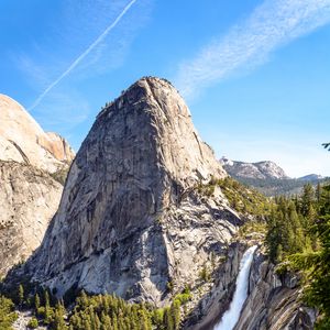 Preview wallpaper rock, trees, waterfall, nature