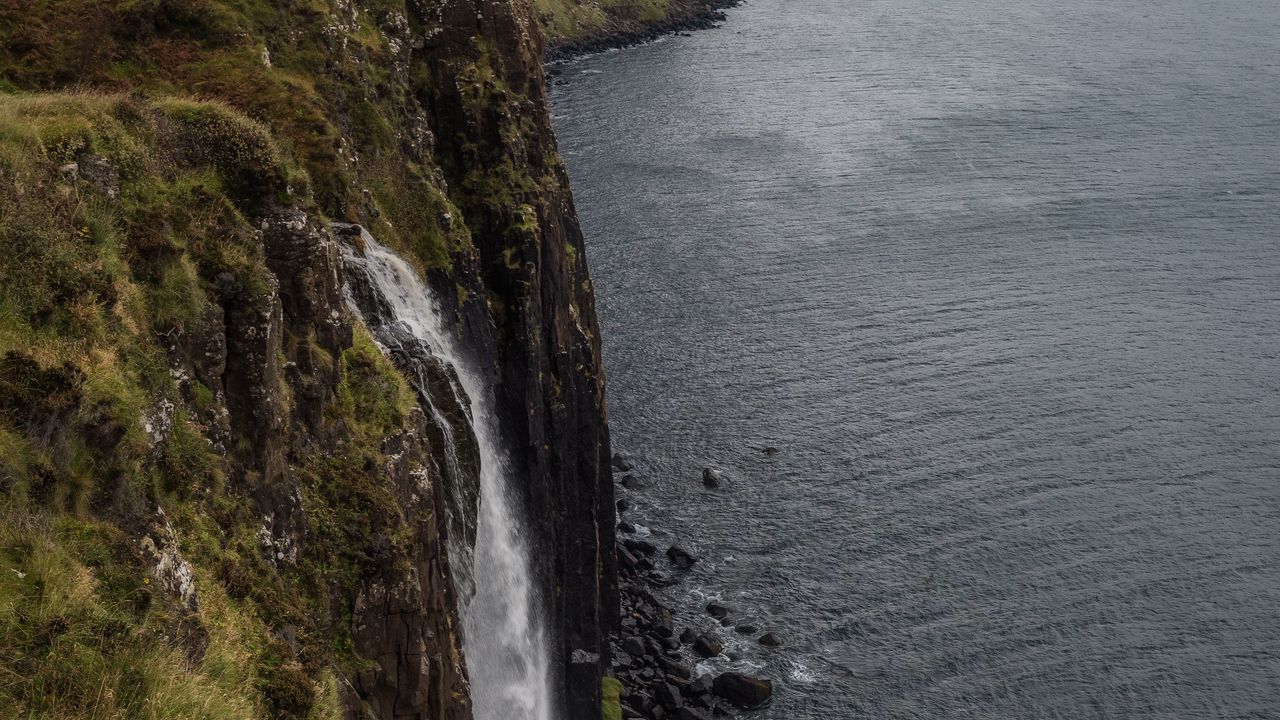 Wallpaper rock, waterfall, grass, sea