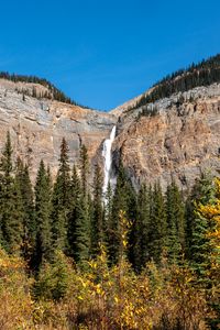 Preview wallpaper rock, waterfall, landscape, trees, nature