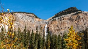 Preview wallpaper rock, waterfall, landscape, trees, nature