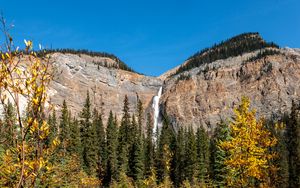 Preview wallpaper rock, waterfall, landscape, trees, nature