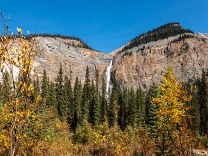 Preview wallpaper rock, waterfall, landscape, trees, nature