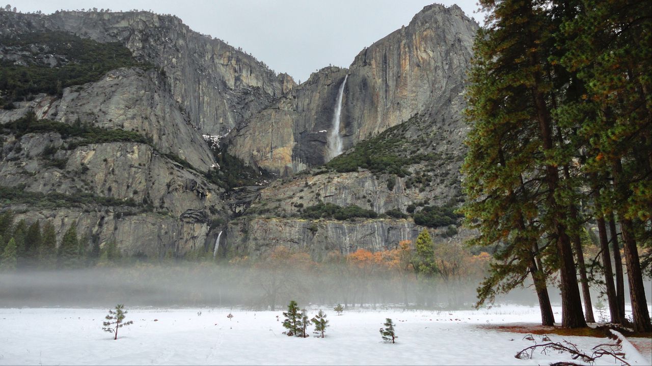 Wallpaper rock, waterfall, snow, trees, fog, nature