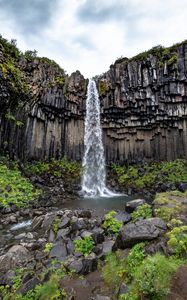 Preview wallpaper rock, waterfall, stream, nature, landscape