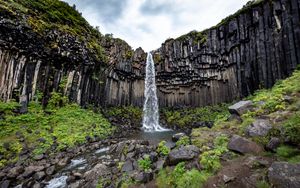 Preview wallpaper rock, waterfall, stream, nature, landscape