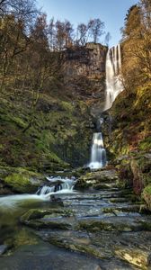 Preview wallpaper rock, waterfall, trees, nature